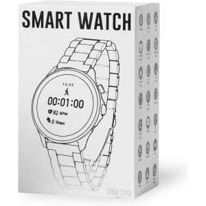 A smart watch in a box displaying a round face and metallic strap, featuring icons and a logo.
