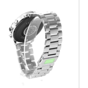 A silver metal watch with a sleek design, featuring a shiny bracelet and a minimalist face. It has a logo on the back.