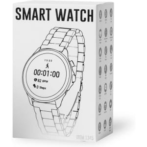 A smart watch in a silver finish displayed on packaging, featuring fitness tracking metrics and a simple design.
