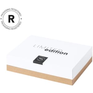 A limited edition box with a white top and a brown base, featuring branding elements on its surface.