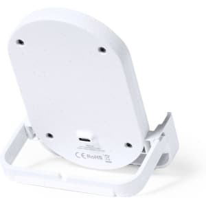 A white wireless charger with a textured surface and a foldable stand, featuring a USB-C port.