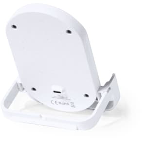 A white wireless charger with a textured finish, featuring a stand and a charging port on the back.