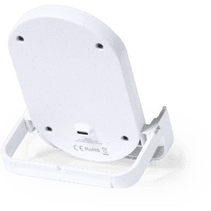 A wireless charger in white, featuring a stand for support and a port on the back. It has a subtle speckled design.