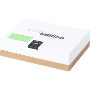 A box with a white top and brown base, labelled as "limited edition," featuring a green sticker.