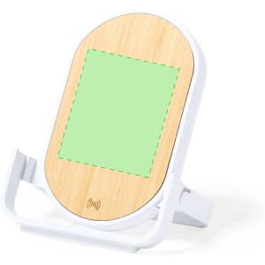 A wireless charger with a wooden top and white base, featuring a stand for device support.