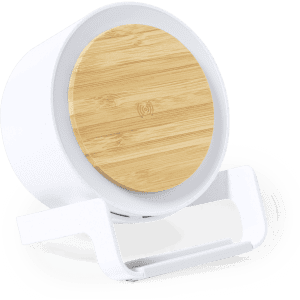 A white multifunction lamp with a bamboo top, featuring a stand for stability. It includes a wireless charging function.