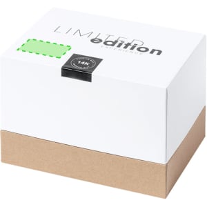 A white and brown box labelled "Limited Edition" featuring a logo, with a green placeholder on top.