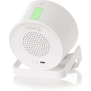 A white multifunction lamp with a speaker, featuring a stand and a charging port on the back.