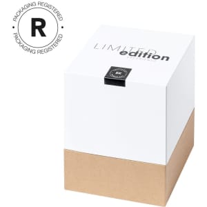 A white and brown box featuring a limited edition label, displaying a registered packaging symbol.