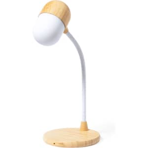 A multifunction lamp with a white shade and wooden accents on a round base. The lamp features a flexible neck.