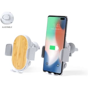 A wireless charger holder featuring a bamboo surface and grey accents, designed to hold a smartphone securely.