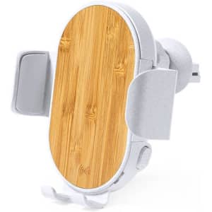 A wireless charger holder in a light grey colour with a bamboo-style platform and adjustable arms.