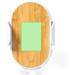 A wireless charger holder with a wooden bamboo surface and white edges, featuring a central green marking.