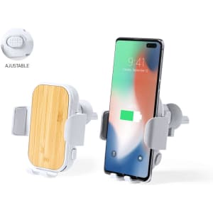 A wireless charger holder with a bamboo surface and grey accents, featuring an adjustable design for smartphones.