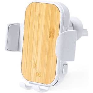 A wireless charger holder in white with a wooden finish. It features adjustable grips and a logo.