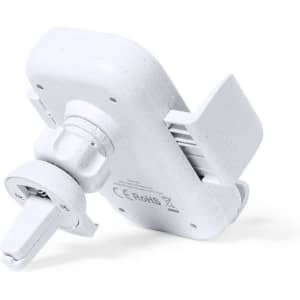 A white wireless charger holder designed for phones, featuring an adjustable attachment mechanism and a branded logo.