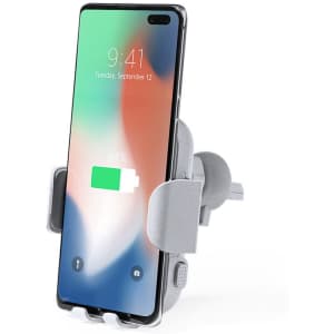 A wireless charger holder in grey, displaying a smartphone with a charging indicator on its screen. Logo present.