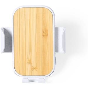 A wireless charger holder with a bamboo surface and white base, featuring a subtle logo.