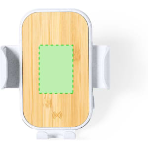 A wireless charger holder with a bamboo surface and white body, featuring a green highlighted charging area.