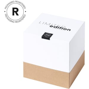 A white and brown box with a limited edition label. The box has a sleek, minimalistic design.