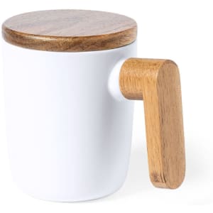 A white mug with a wooden handle and wooden lid, featuring a simple and modern design.
