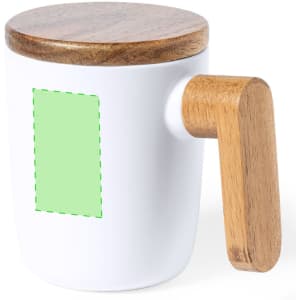 A white coffee mug with a wooden handle and a wooden lid, featuring a blank area for custom branding.