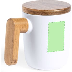 A coffee mug with a white body, wooden handle, and a wooden lid. It features a blank space for customisation.