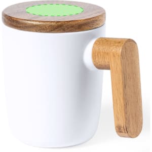 A white coffee mug with a wooden lid and a wooden handle. The mug has a smooth finish and a modern design.