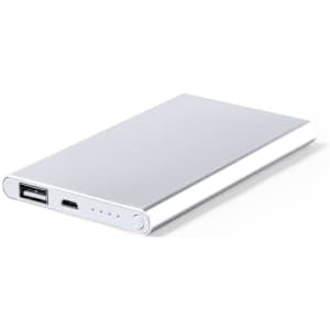 A silver power bank with a USB and USB-C port, featuring a logo on the side.