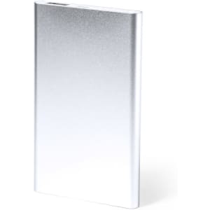 A silver power bank with a sleek, gradient design. It features a minimalistic look and has a branding logo.