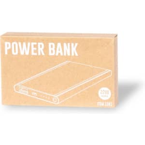 A brown cardboard box contains a power bank, featuring a minimalist design and a logo. It mentions a capacity of 2200 mAh.