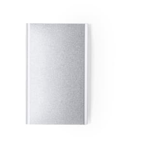 A silver power bank with a sleek, metallic finish and a logo on the surface.