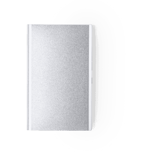 A silver power bank with a sleek design and one side featuring a logo.