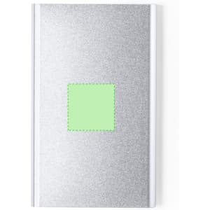 A silver power bank with a green square section in the centre, featuring a logo.