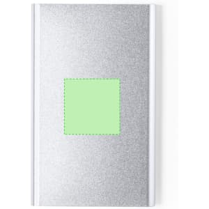 A silver power bank with a glossy finish and a green square section, featuring a logo on the surface.