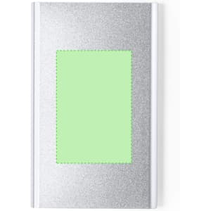 A silver power bank with a green accent area, featuring a branding logo.