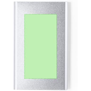 A silver power bank with a green rectangular section, featuring a logo or branding on the surface.
