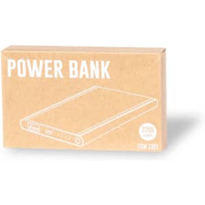 A cardboard box containing a power bank, illustrated in white, designed in a slim rectangular shape.