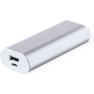 A silver power bank with a sleek design, featuring USB and micro USB ports, and a branding logo.