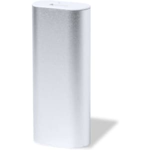 A silver rectangular power bank with a smooth surface and rounded edges. It has a small logo on one side.