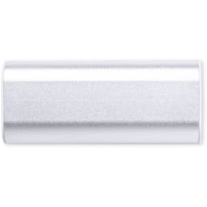 A silver power bank with a sleek, metallic finish and a small logo on the side.