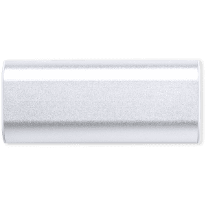 A silver Hylin Power Bank with a sleek, metallic finish and a logo.