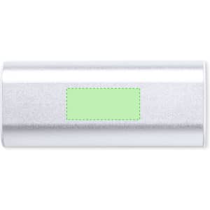 A silver power bank with a smooth finish and a blank area for branding or customisation.