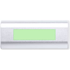 A silver power bank with a smooth metallic finish and a rectangular area that can be customised with a logo or design.