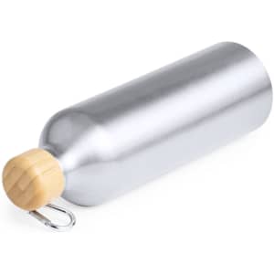 A drink bottle featuring a silver metal body and a wooden top with a metal clip.