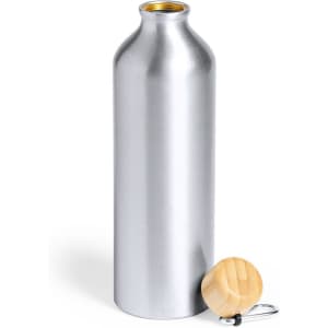 A drink bottle made of silver metal with a wooden cap. It features a logo on the body.