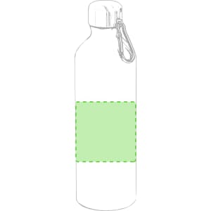 A drink bottle in a clear design with a green accent and a metal carabiner. Features a logo on the surface.