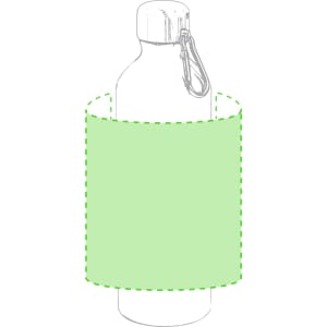 A drink bottle with a green sleeve and a metal cap, featuring a carabiner for attachment.