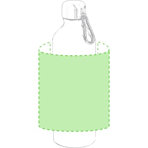 A drink bottle with a green sleeve and a metal carabiner attached to the cap. It features a logo on the body.