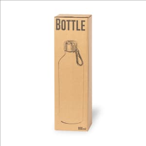A drink bottle in a cardboard box, featuring a silver lid and a carrying loop. The bottle is clear with a simple design.